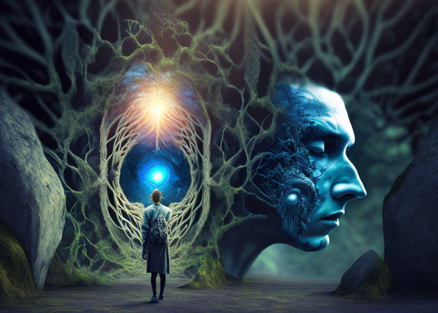 Surreal scene: person and colossal tree-like heads in mystical forest