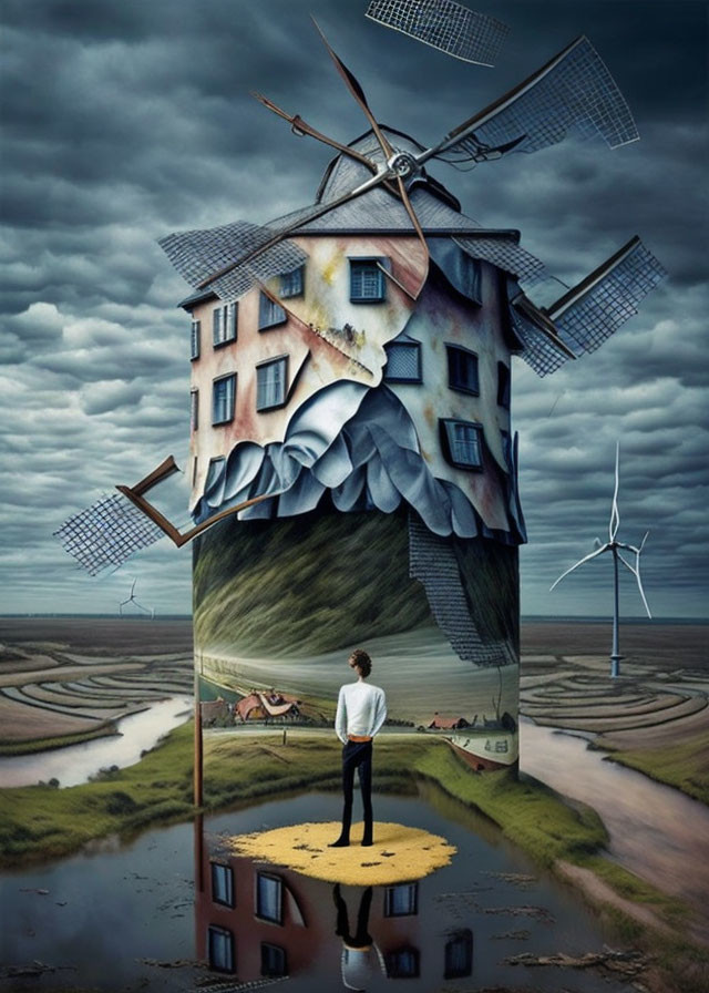 Surreal artwork of man and windmill-house in reflective landscape