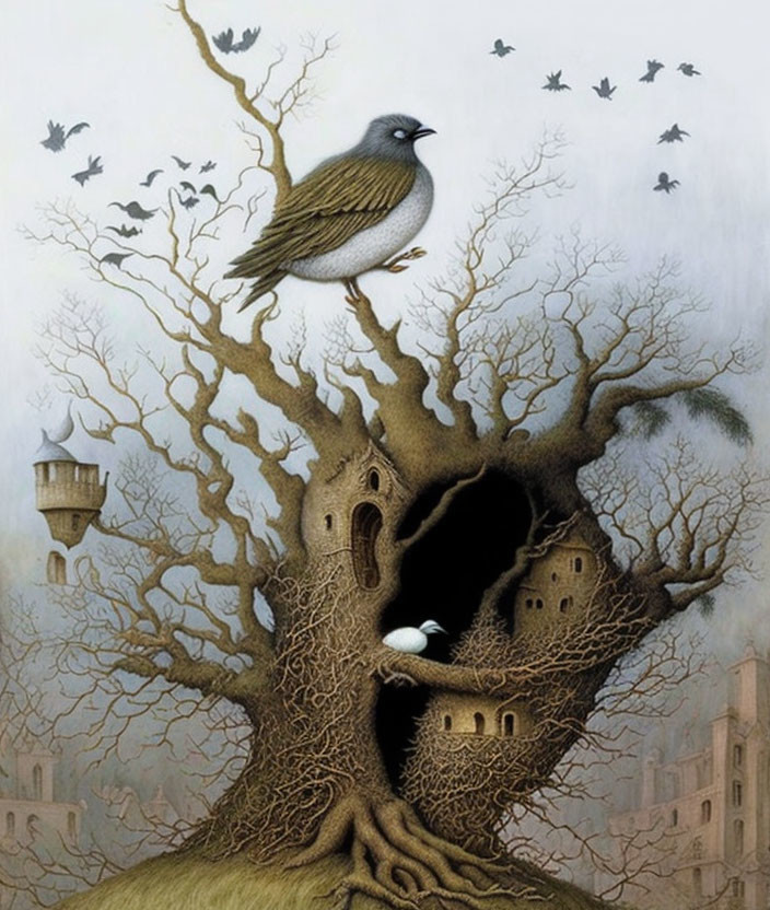 Surreal illustration of a tree with bird, houses, and nest.