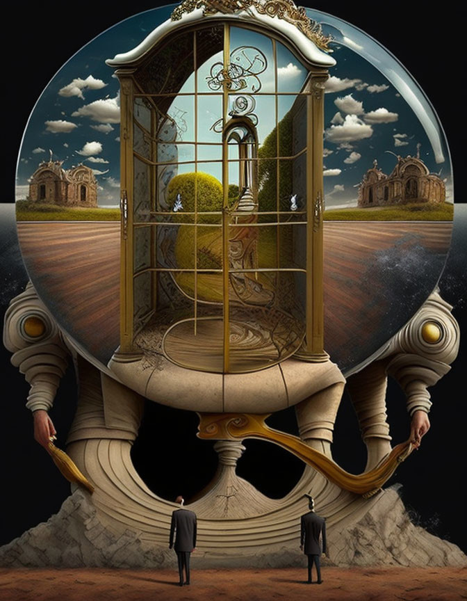 Surreal image of two men in suits with oversized hourglass and landscapes.