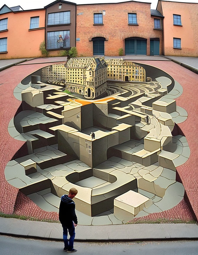 Intricate 3D street art mural depicts deep chasm illusion