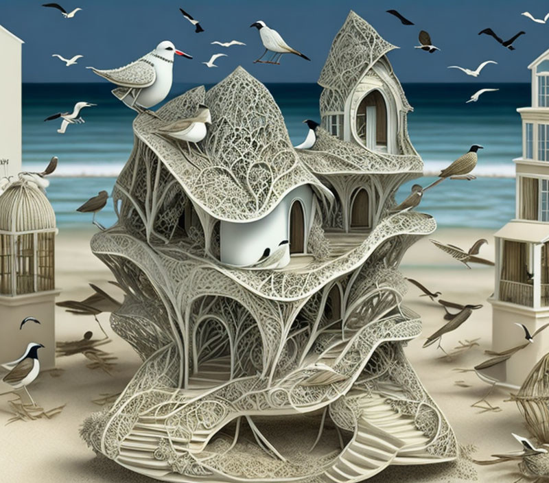 Intricate birdhouse mansion with birds on serene beach