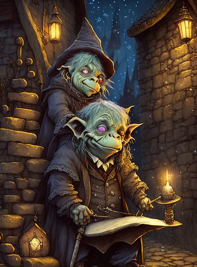 Whimsical goblins with book, quill, and lamp in dimly lit alleyway