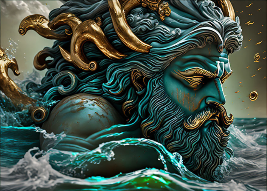 Mythological sea deity with bearded face and golden crown surrounded by crashing waves