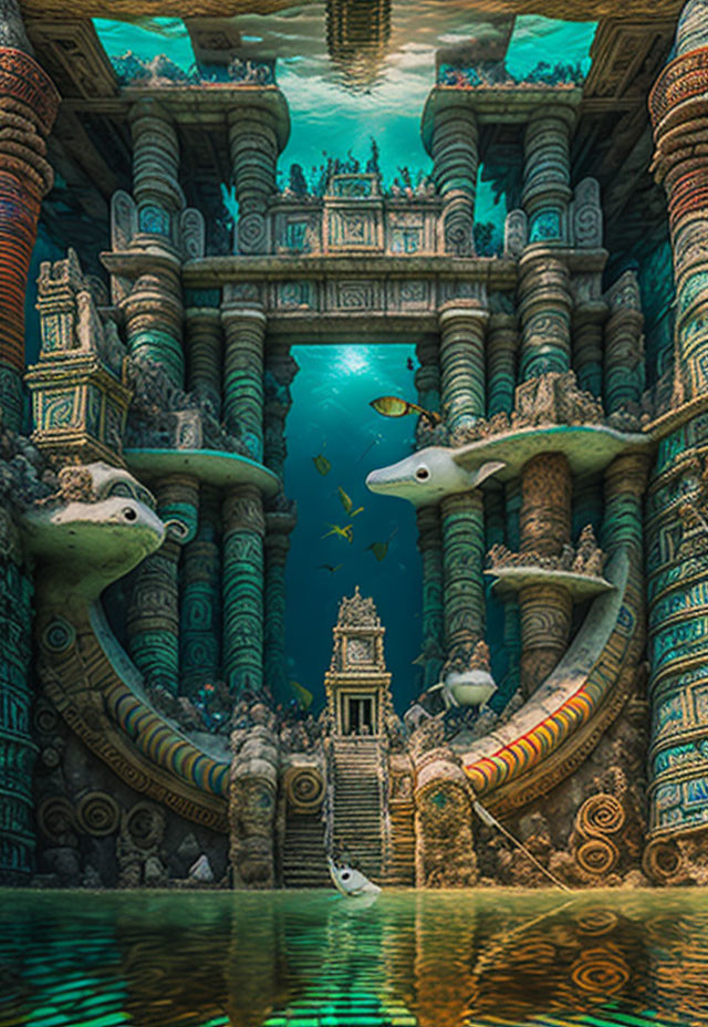 Underwater scene with ancient ruins, snake statues, fish, pillars, and temple.