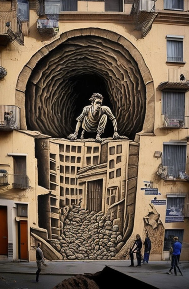 3D Illusion Mural: Giant Hole with Climbing Man