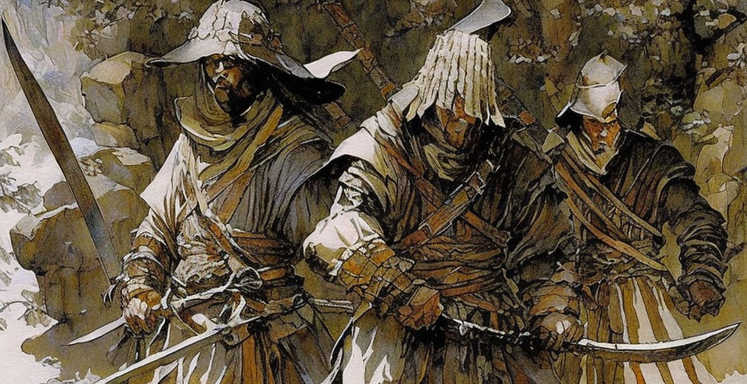 Medieval warriors in cloaks and armor with swords in rocky terrain