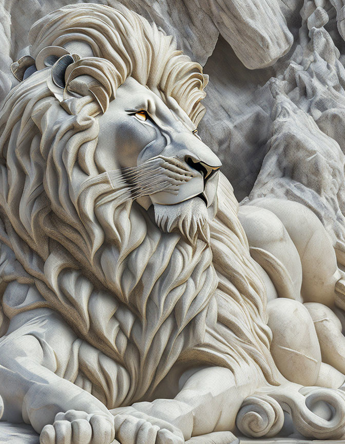 Stone Lion Sculpture with Intricate Mane Detail and Piercing Eyes