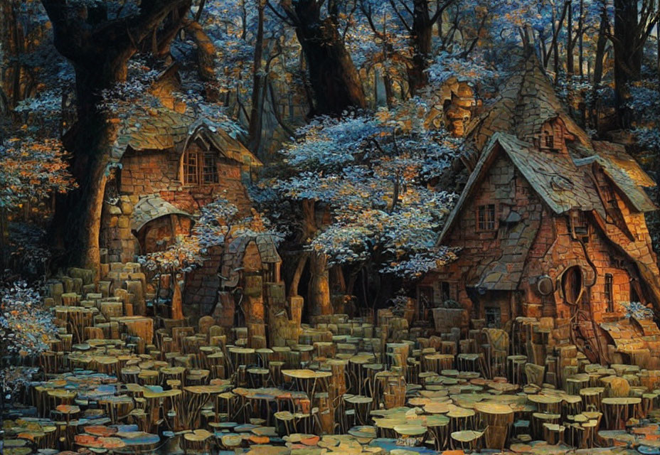 Stone cottages in blooming forest with lily pad carpet
