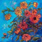 Colorful Watercolor Painting of Orange and Pink Flowers on Blue Background