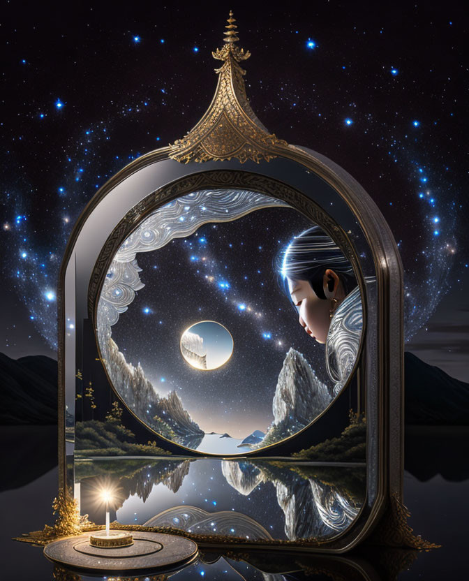 Ornate framed mirror reflecting surreal nocturnal landscape