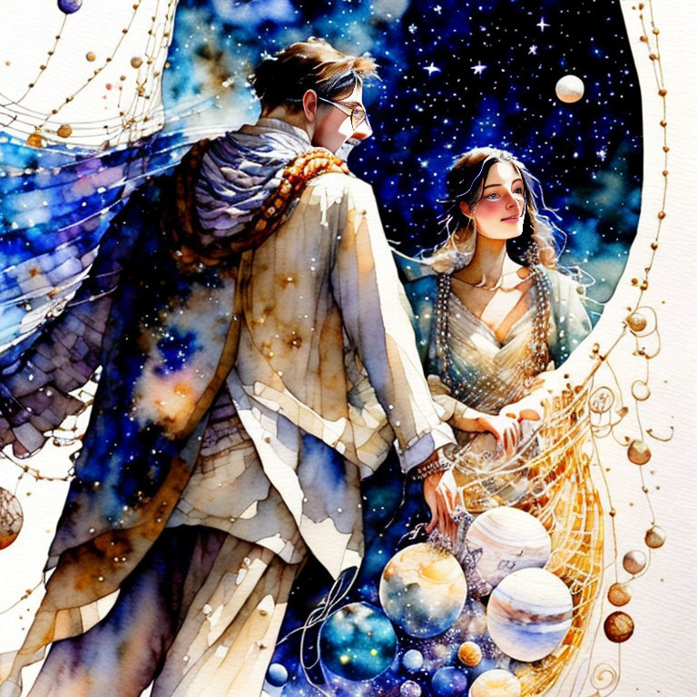 Illustrated couple in celestial garments surrounded by cosmic elements.