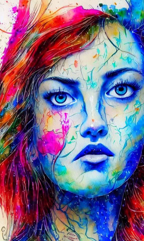 Colorful watercolor portrait of a woman with blue eyes and rainbow splashes.