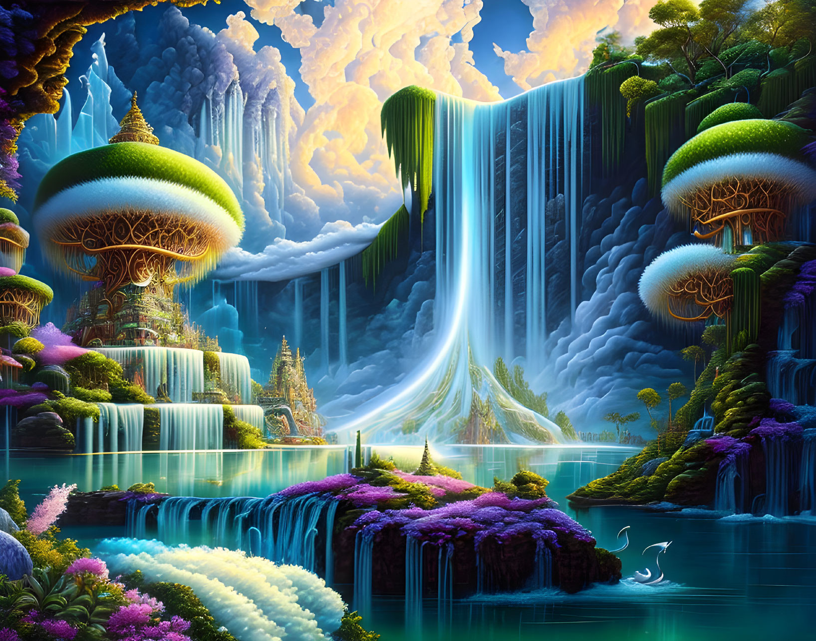 Fantastical landscape with lush greenery, waterfalls, mushroom trees, and clear water