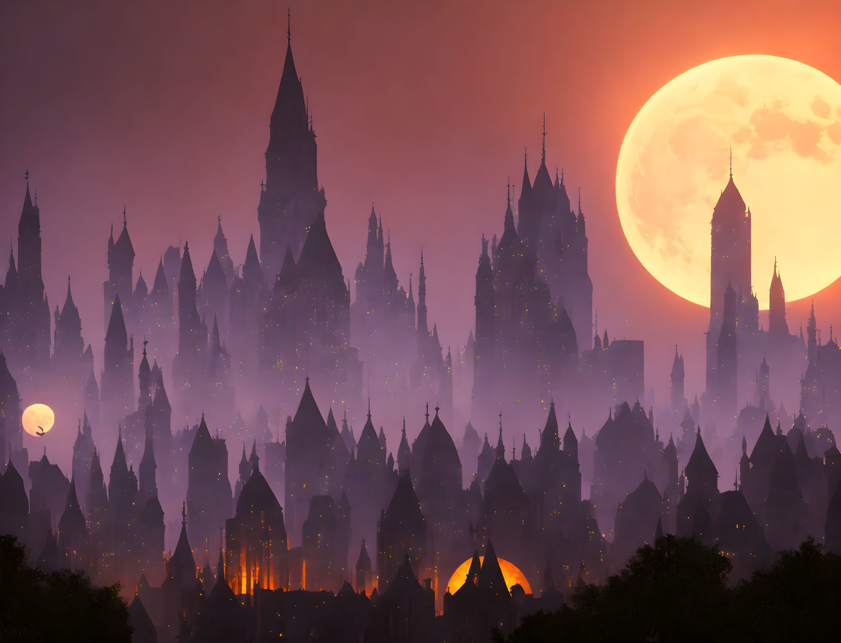 Gothic spires silhouette against orange moon in fantasy cityscape