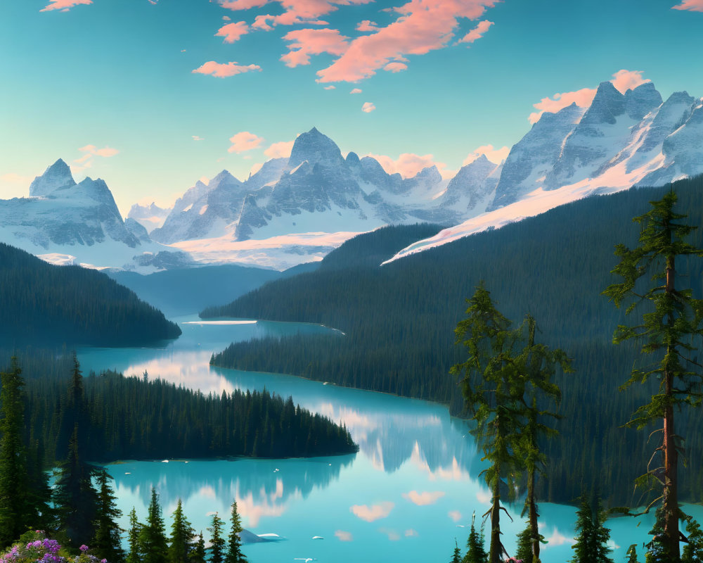Snow-capped mountains, reflective lake, pine trees - serene landscape under pastel sunrise.