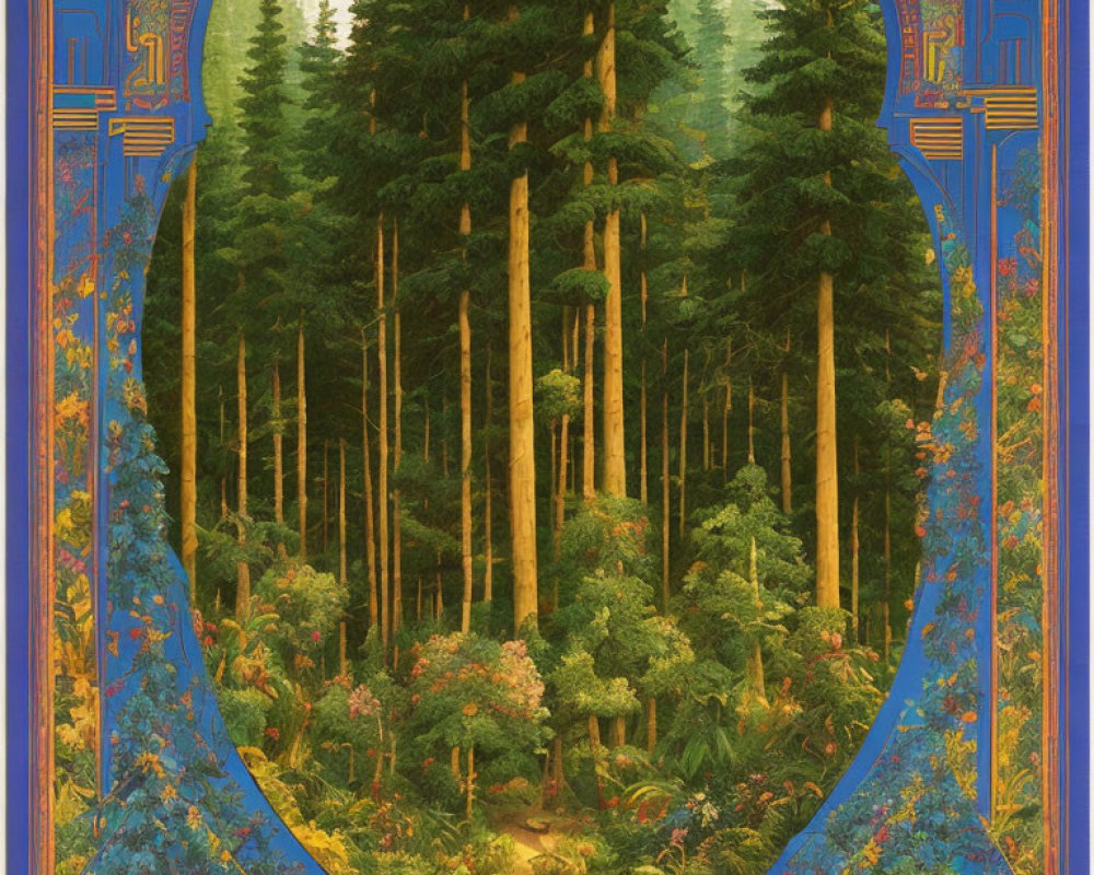 Detailed forest scene in ornate arch border