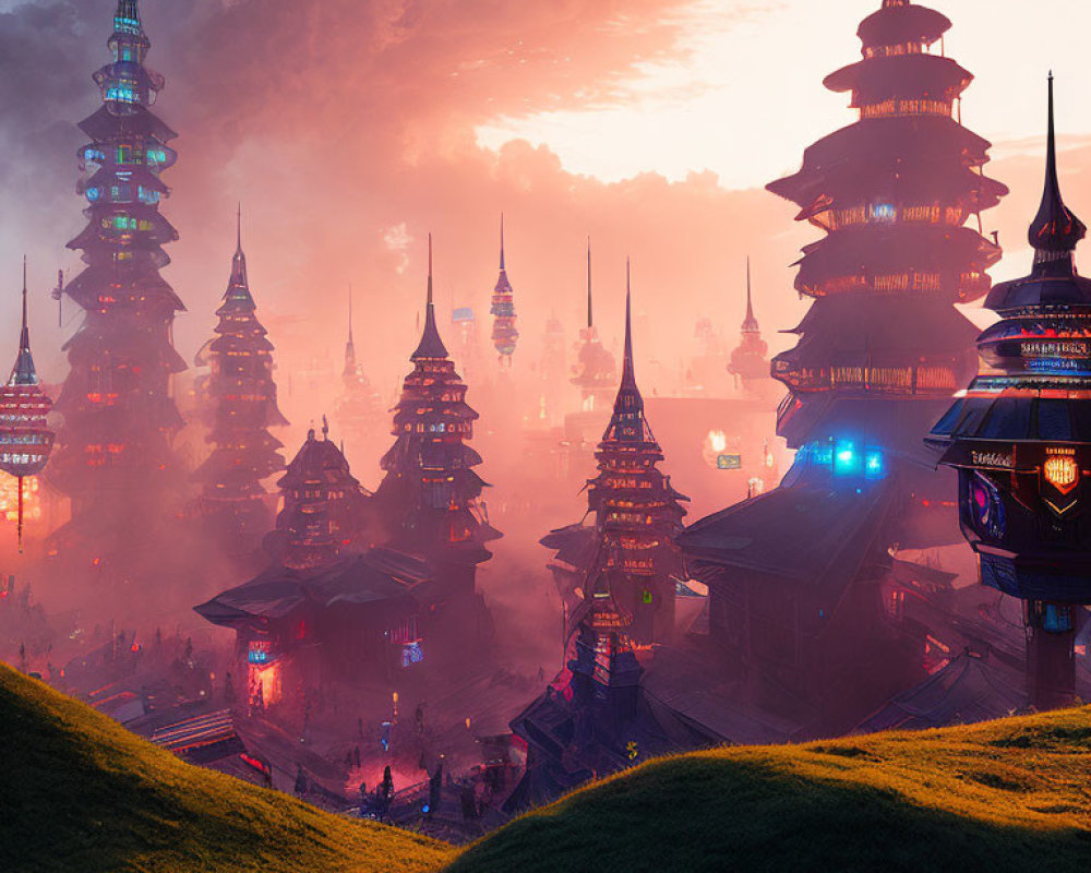 Futuristic cityscape with pagoda-style towers and neon signs at sunset