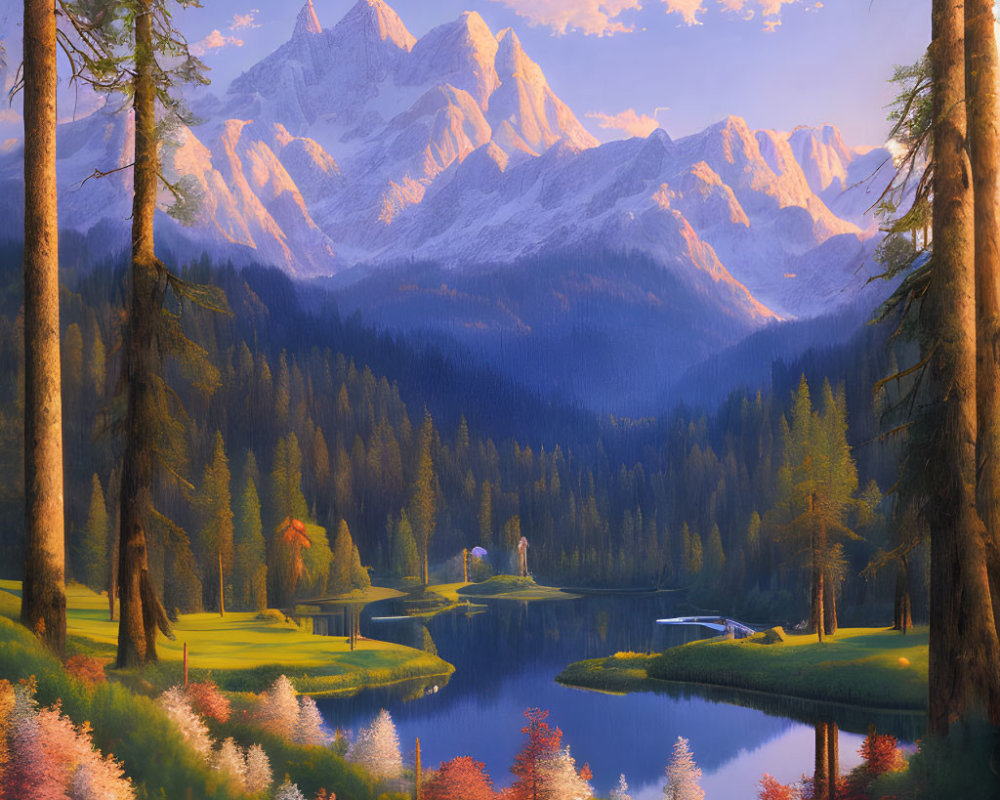 Snowy mountain peaks, serene lake, lush forests, blooming flowers, and boat at sunset.
