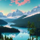Snow-capped mountains, reflective lake, pine trees - serene landscape under pastel sunrise.