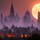 Gothic spires silhouette against orange moon in fantasy cityscape