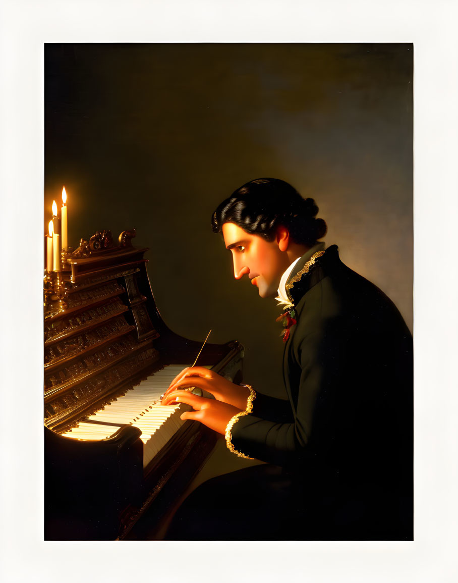Dark-haired person in black dress playing piano by candlelight