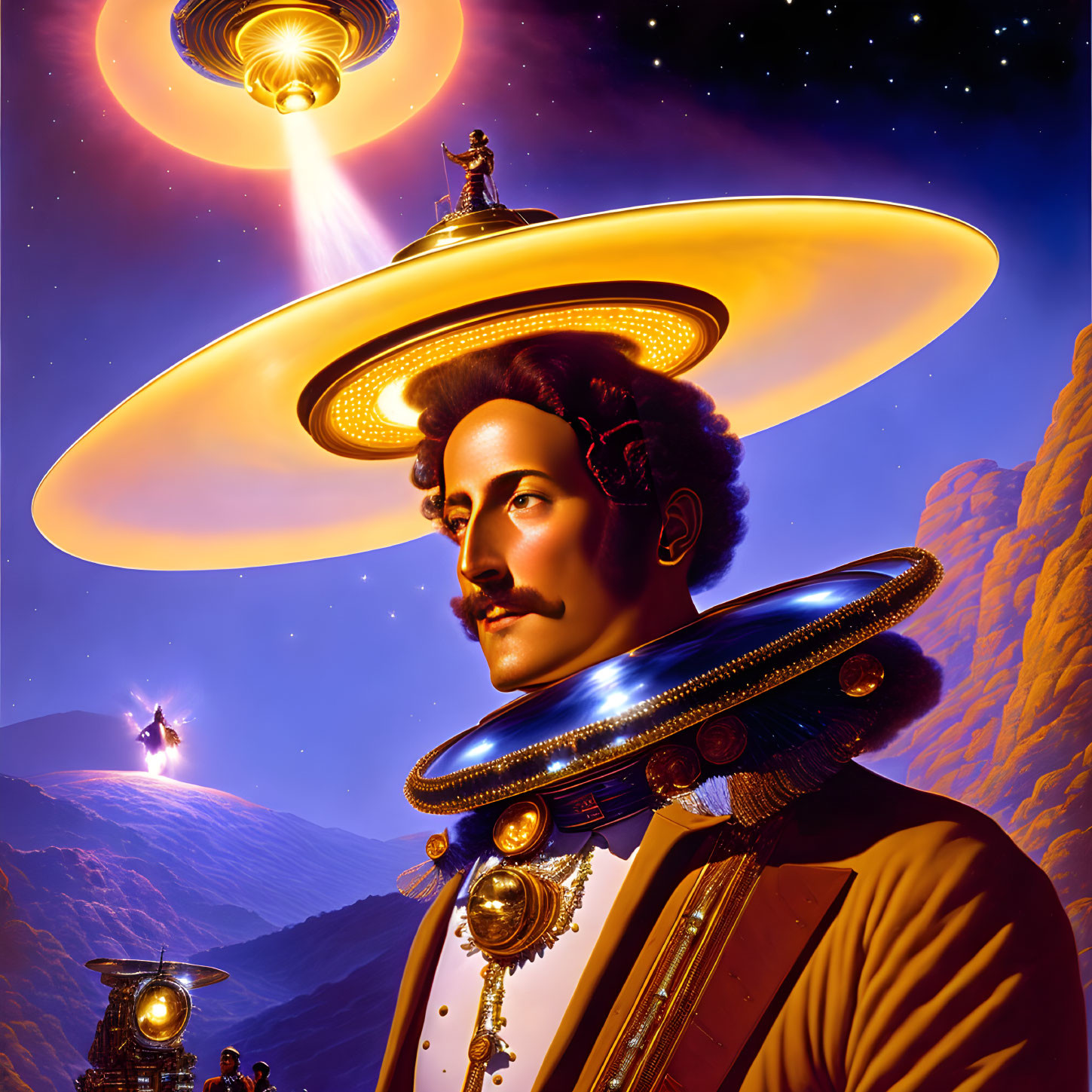Surreal portrait of man with planets and UFOs in cosmic setting