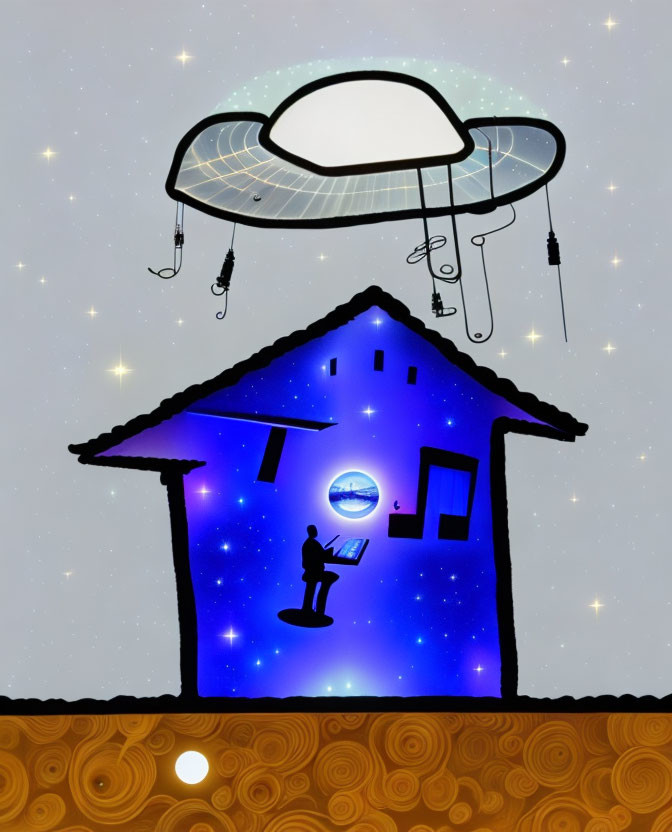 UFO hovers over a house, inside man making music