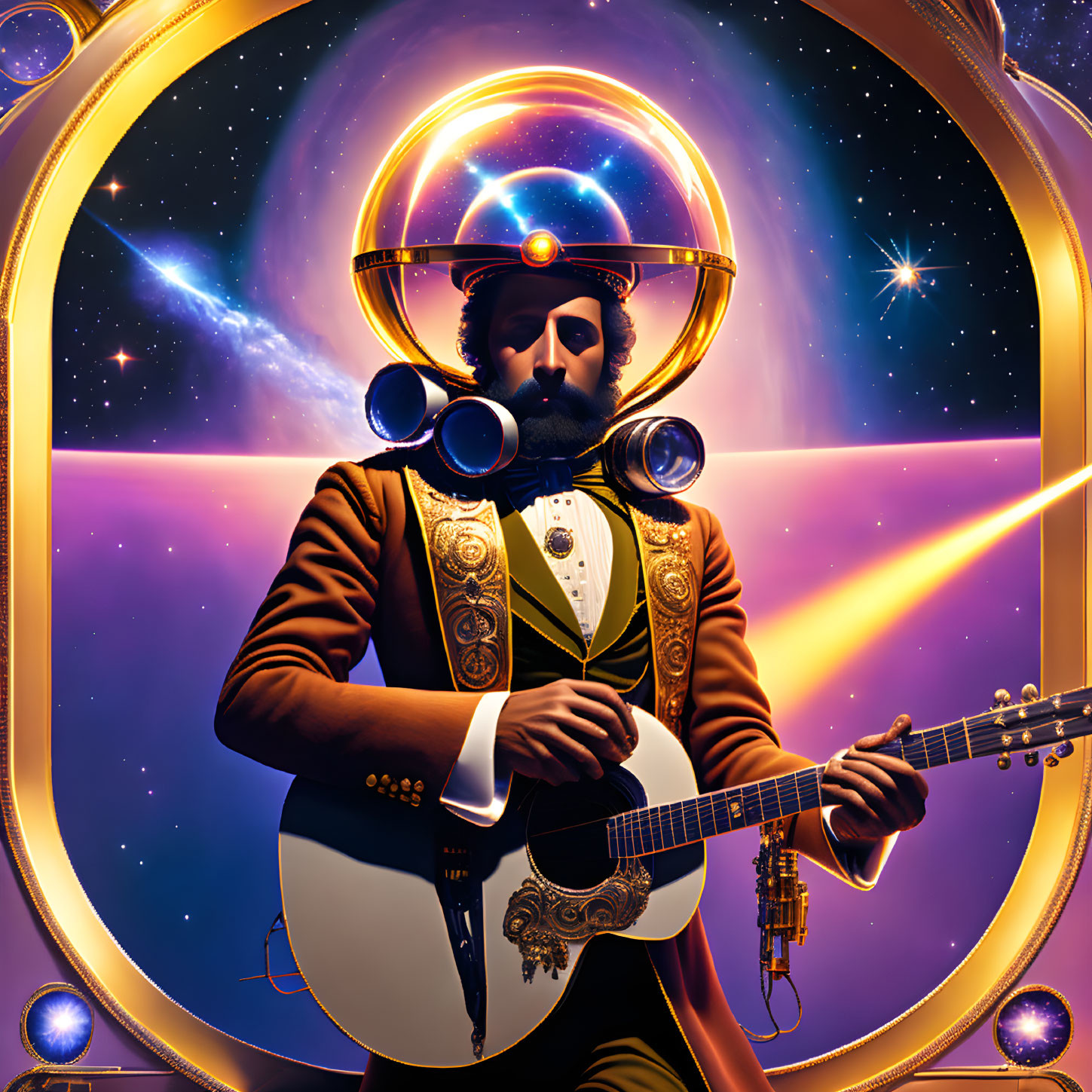Illustration of man with beard playing guitar in astronaut helmet