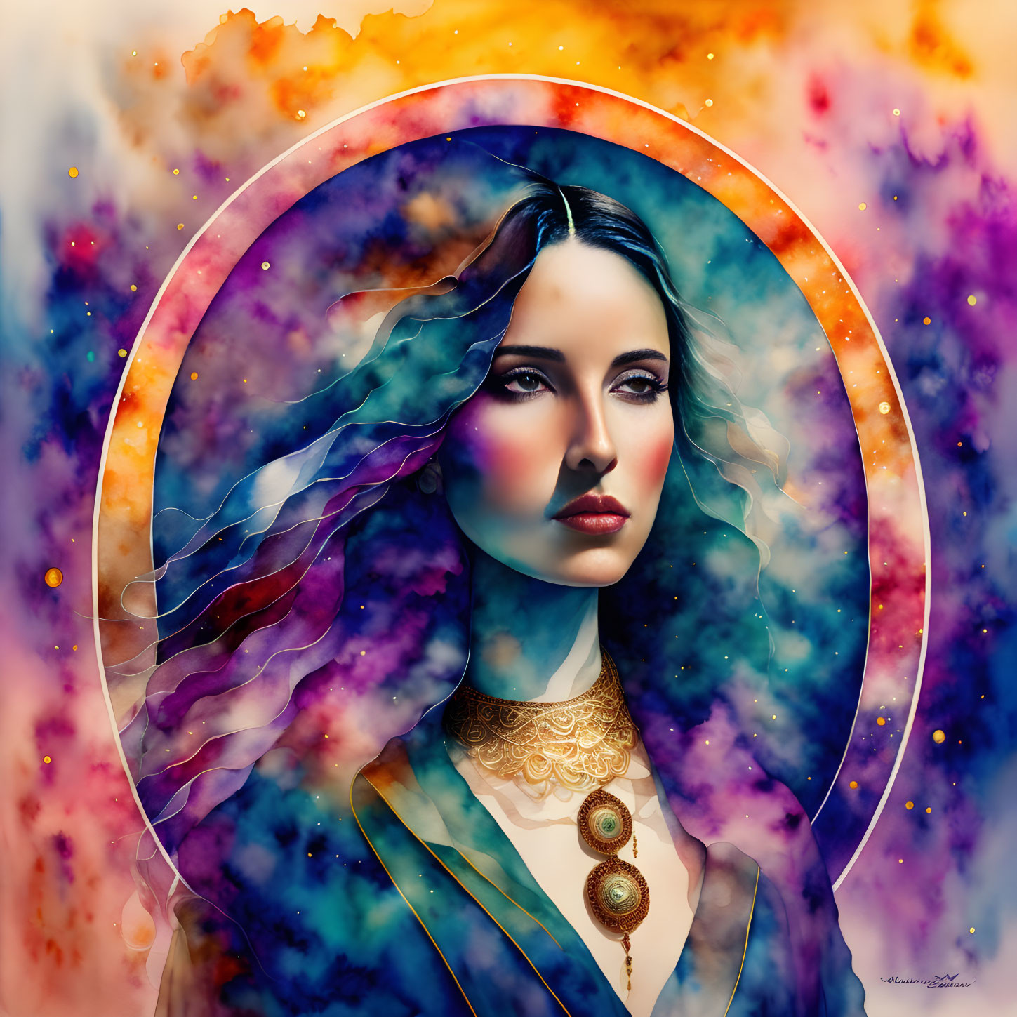 Colorful cosmic-themed digital painting of a woman with glowing, nebula-like clouds