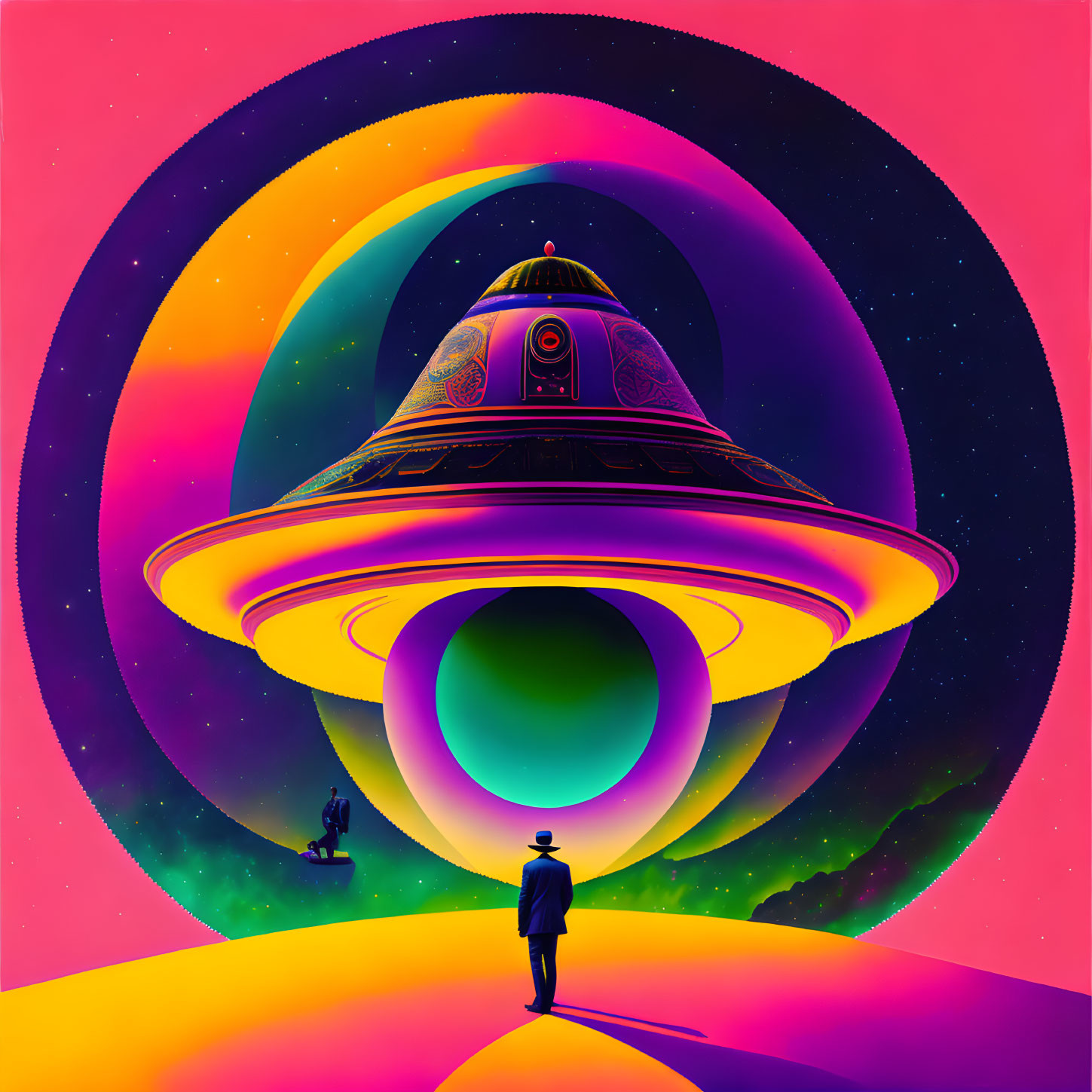 Colorful digital artwork: person observing vibrant spaceship in surreal cosmic scene
