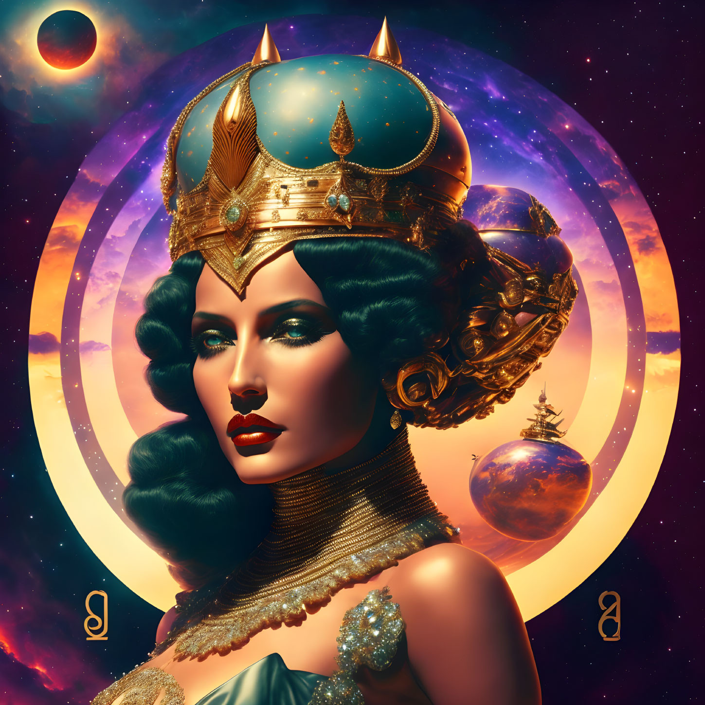 Regal Woman with Golden Crown in Cosmic Setting