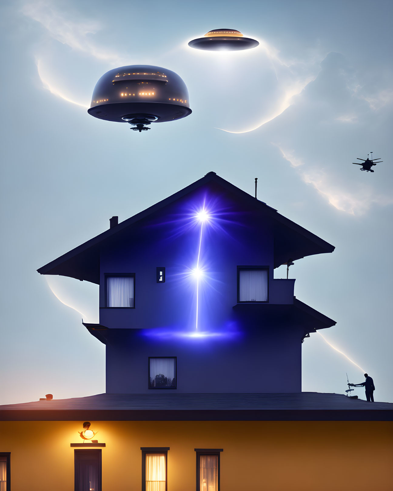 Surreal twilight scene: house, person, UFOs, drones, eerie blue light
