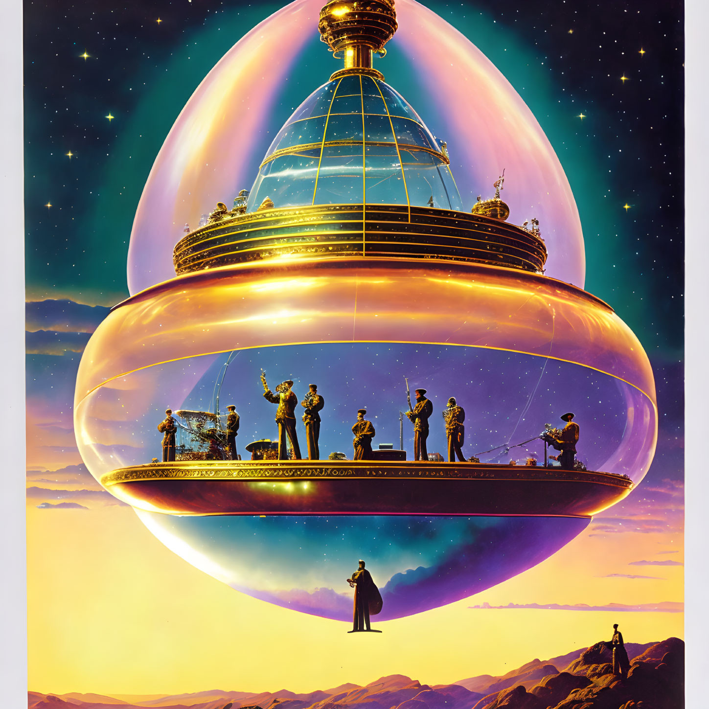 Futuristic floating structure with dome and silhouettes of people and musical instruments at twilight