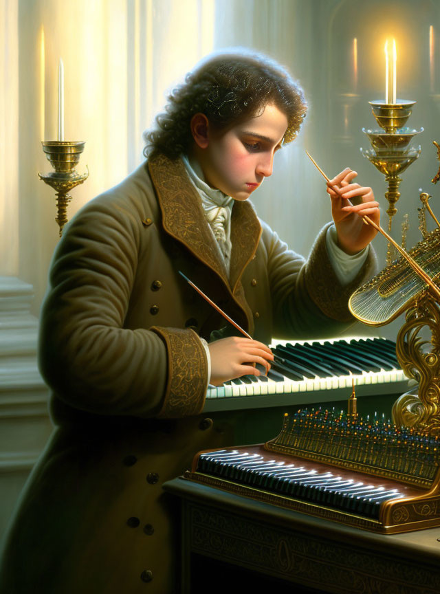 Historical attire figure playing harpsichord by candlelight