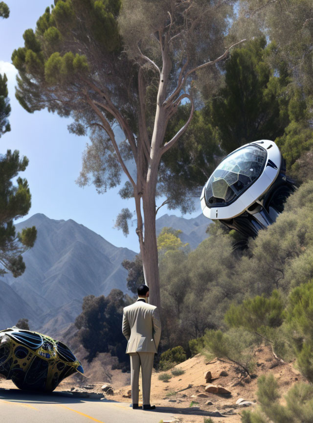 Man in suit views futuristic vehicles crashed by roadside, one stuck in tall tree under clear sky