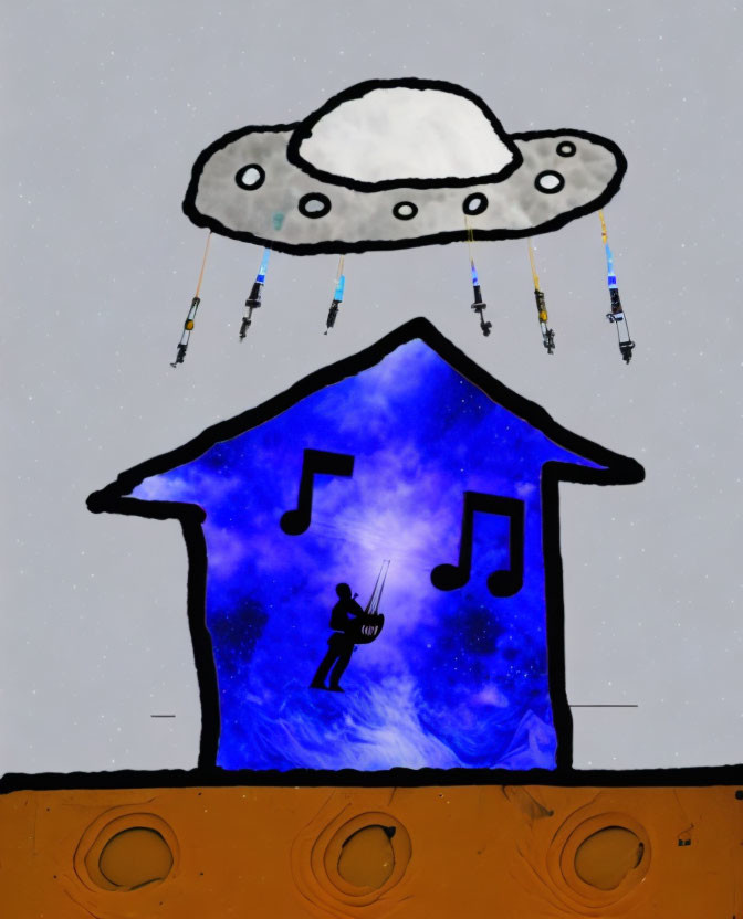 UFO hovering over a house with music in it