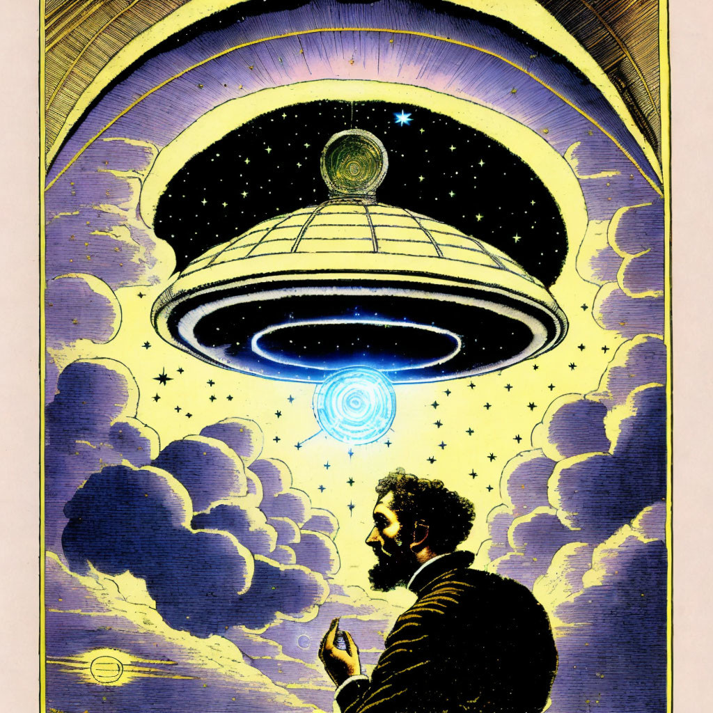 1800s woodcut, man summoning a UFO 