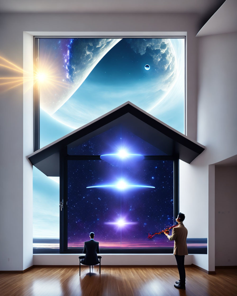 Spacious room with cosmic view: planets, UFO, saxophonist, observer