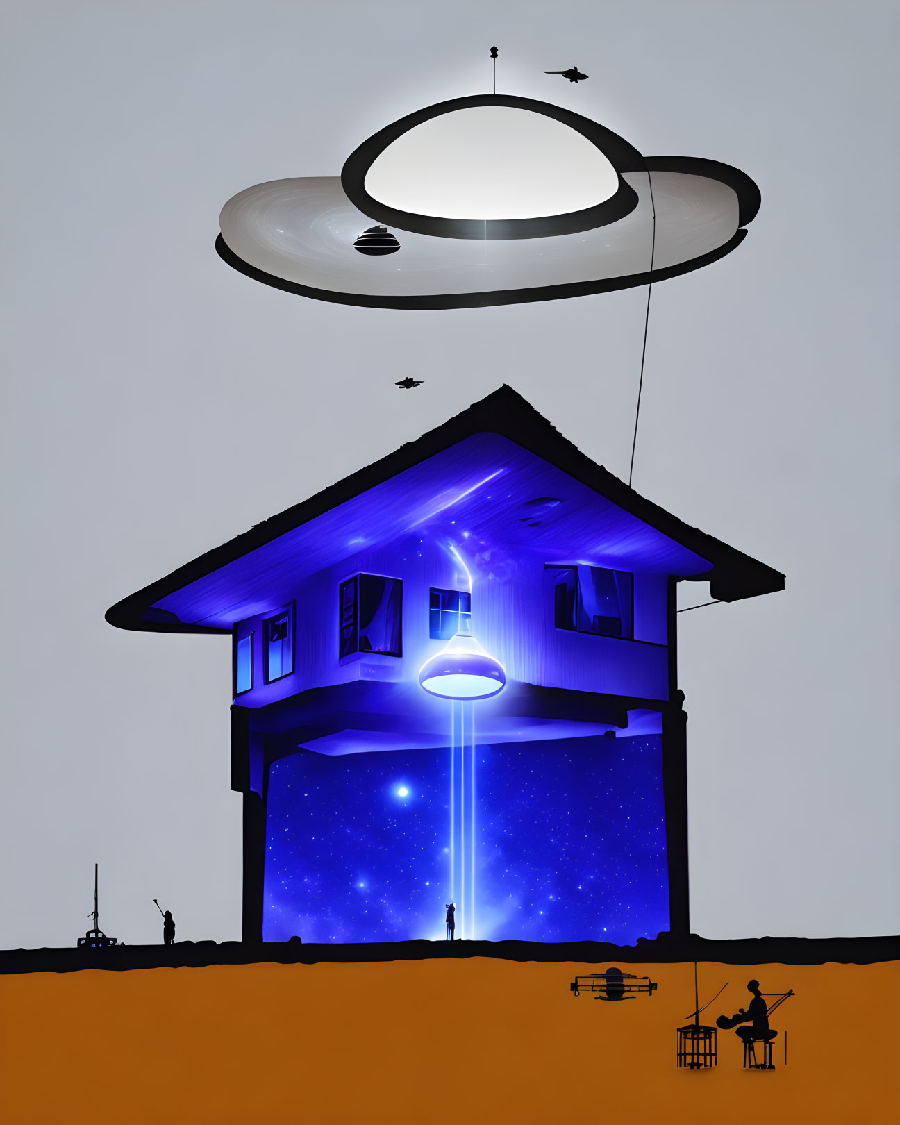 UFO hovers over a house, inside man making music