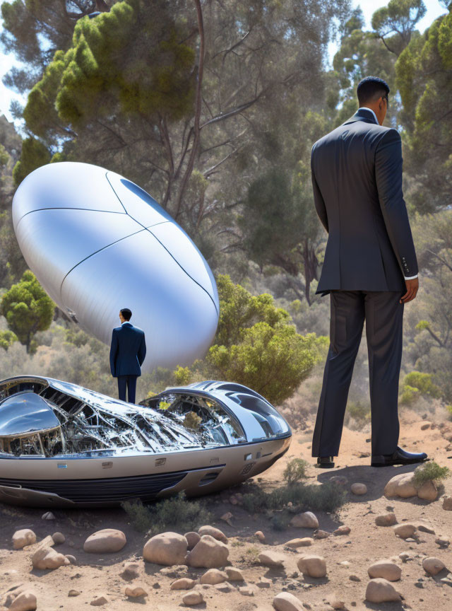 Businessperson views futuristic capsule vehicle with balloon in desert.