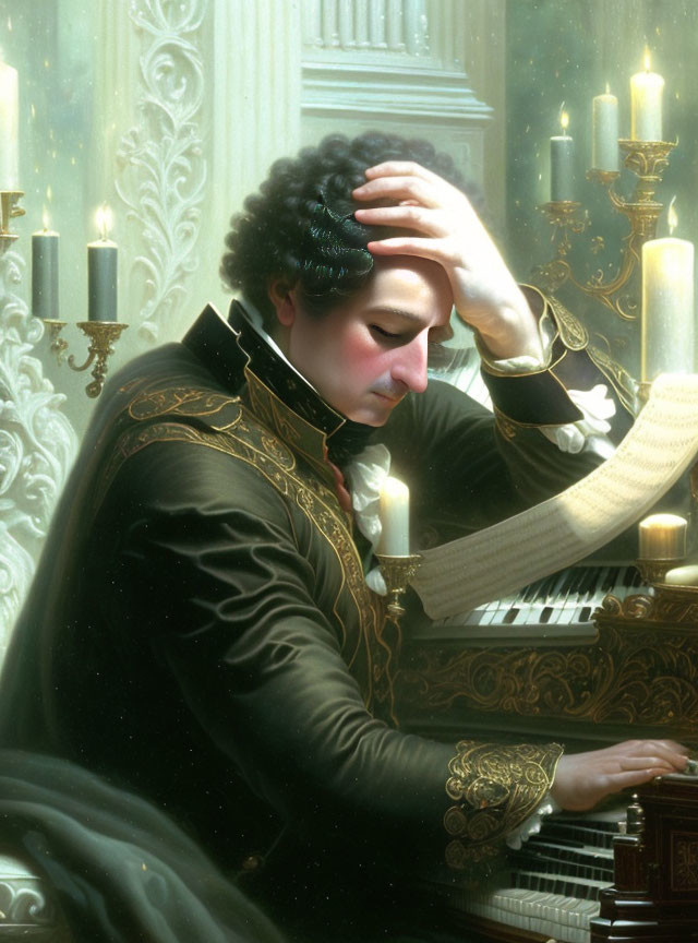Historical figure in contemplation at piano with candles and sheet music