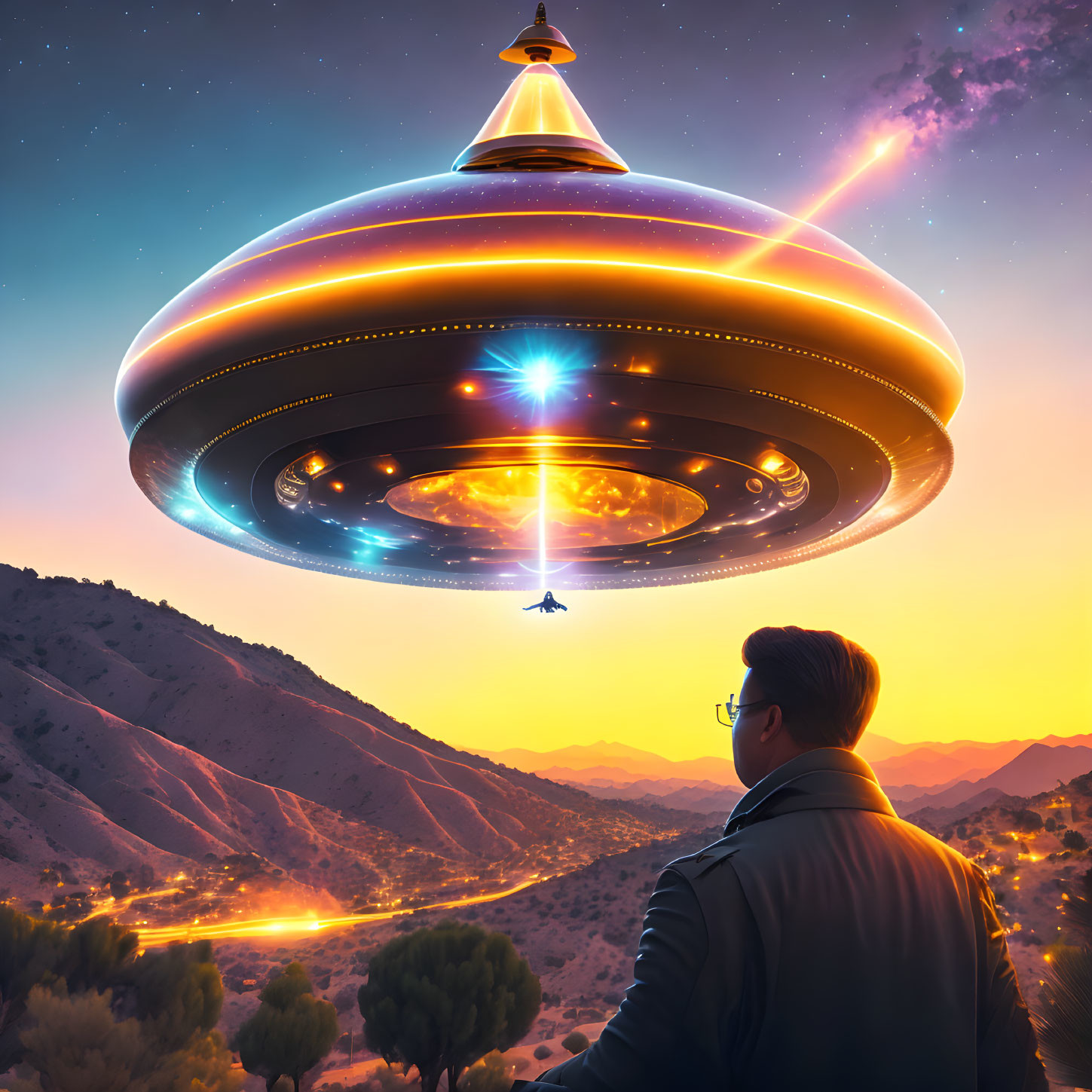 man getting beamed up by a UFO