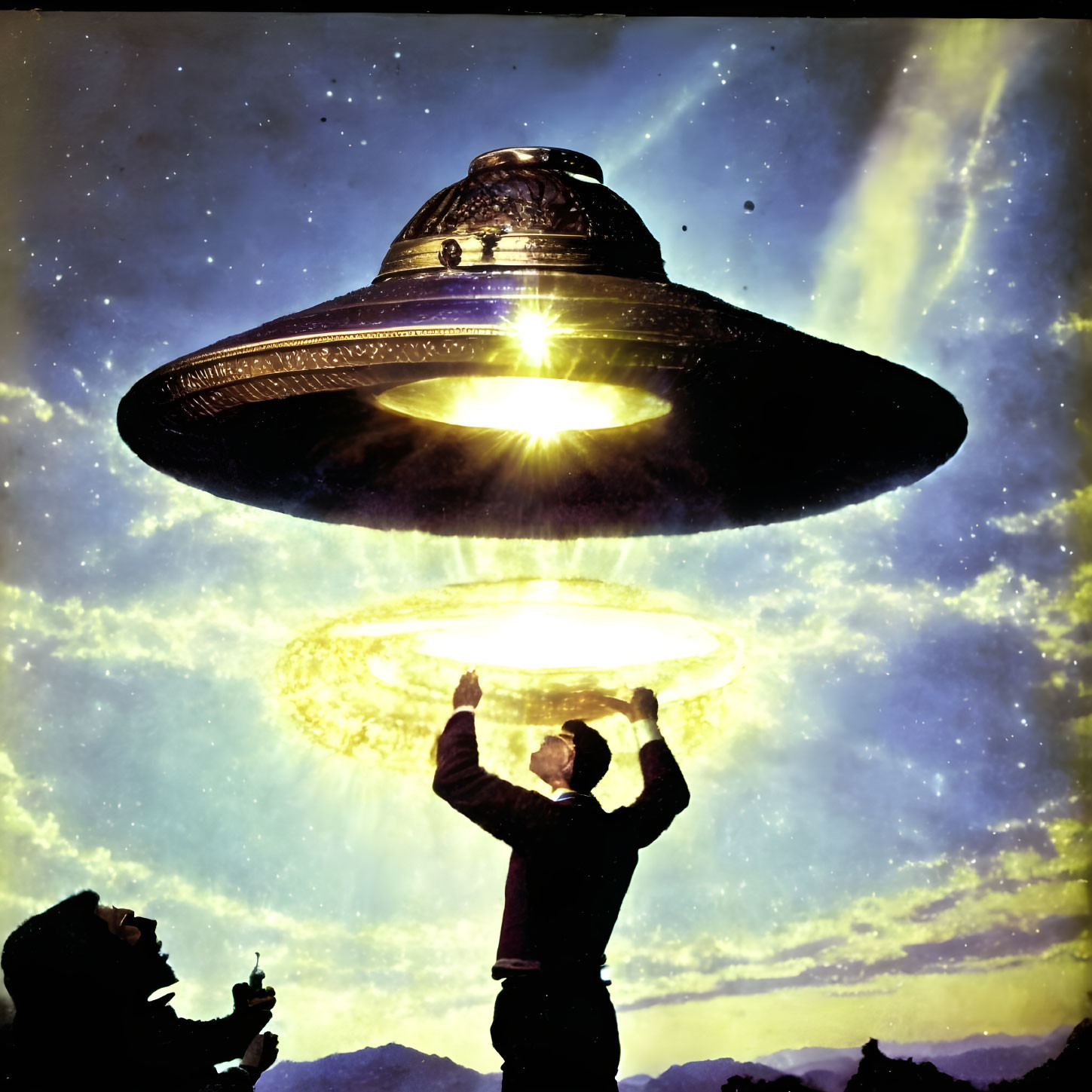 Colorized photo of a man in 1862 summoning a UFO
