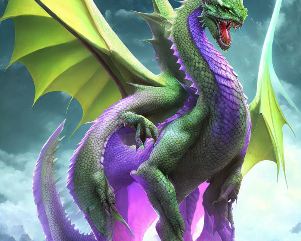 Majestic green dragon with expansive wings against sky backdrop