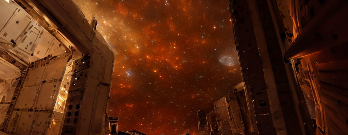 Starry Sky with Orange Nebula Clouds Seen from Spacecraft Interior