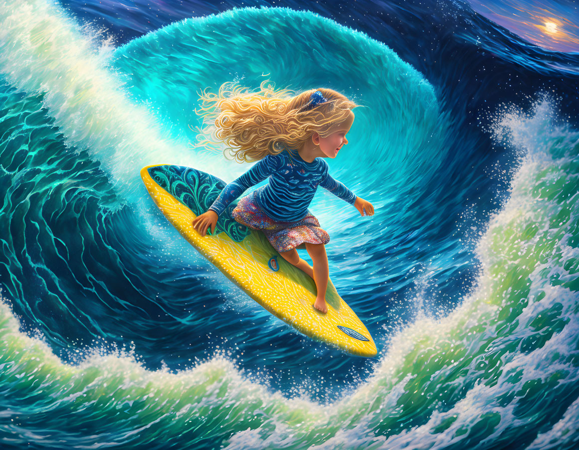 Blonde girl surfing large curling wave on yellow board