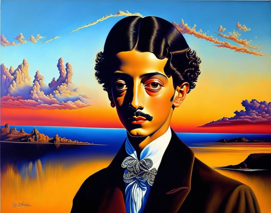 Man's surreal portrait with seascape forehead, cliff hair, and cloud eyebrows on orange sky.