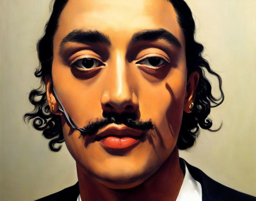 Realistic painting of person with styled hair, curled mustache, and earring