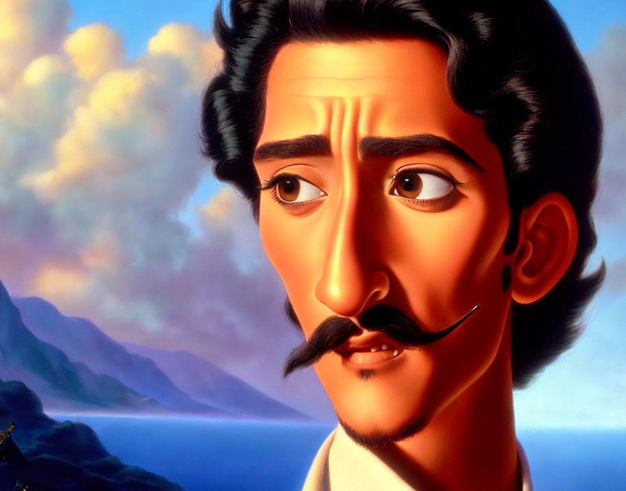 Man with Prominent Mustache in Sea Sunset Illustration